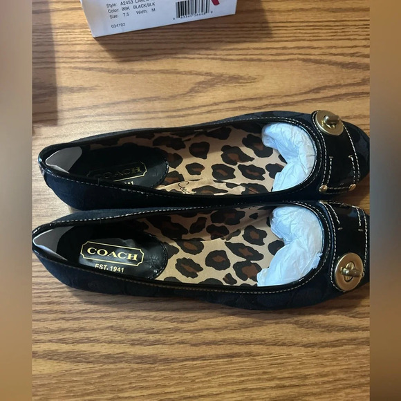 Coach Black & Gold Monogram Logo Laren Ballet Leopard Flats Size 7.5 With Box - Picture 2 of 8